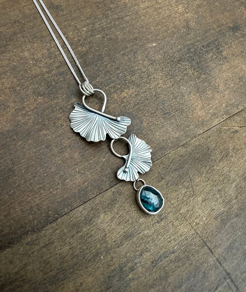 Image of Tiered Swoosh Ginkgo Leaf Teal Moss Kyanite Necklace