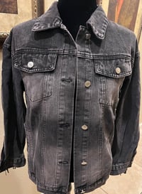 Image 2 of Vintage Acid Washed Black Denim Fringe Jacket Studded Cowboy Boots