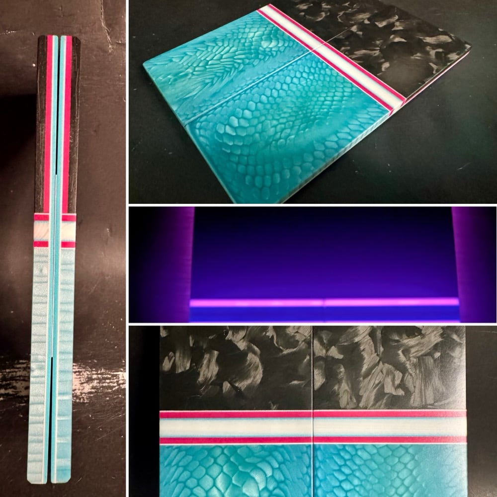 Image of Large Flake Carbon Fiber & Teal Juma Resin GLOW Segmented Knife Scales