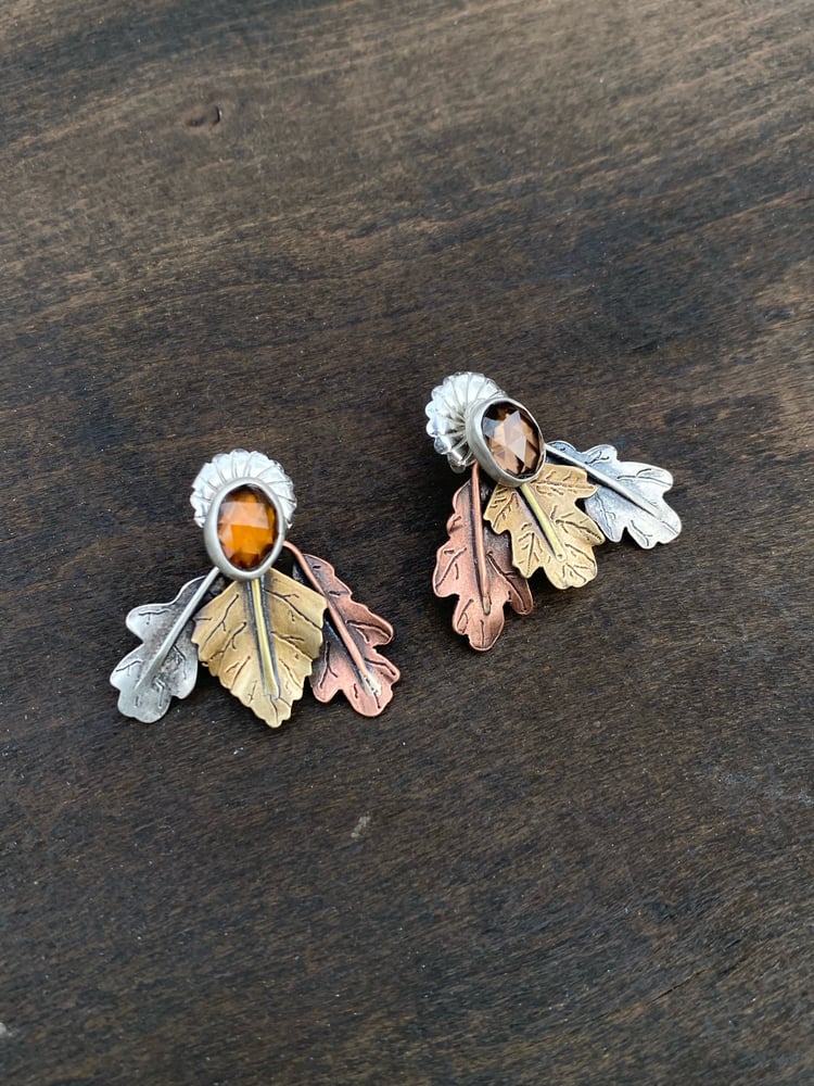Image of Mixed Leaf Mixed Metal Mismatch Color Zircon Jacket Earrings
