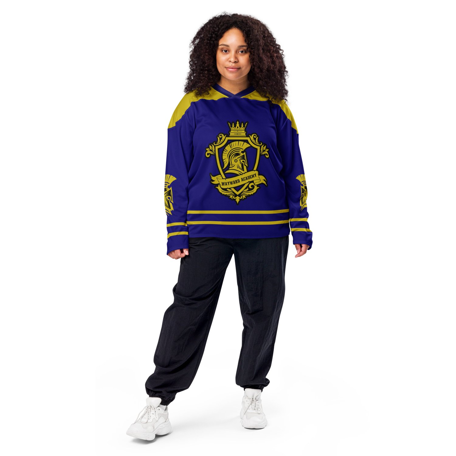 Image of Officially licensed Wayward logo gold and navy Recycled hockey fan jersey