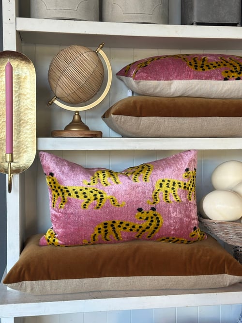 Image of Pink Cheetah Ikat Velvet Cushion