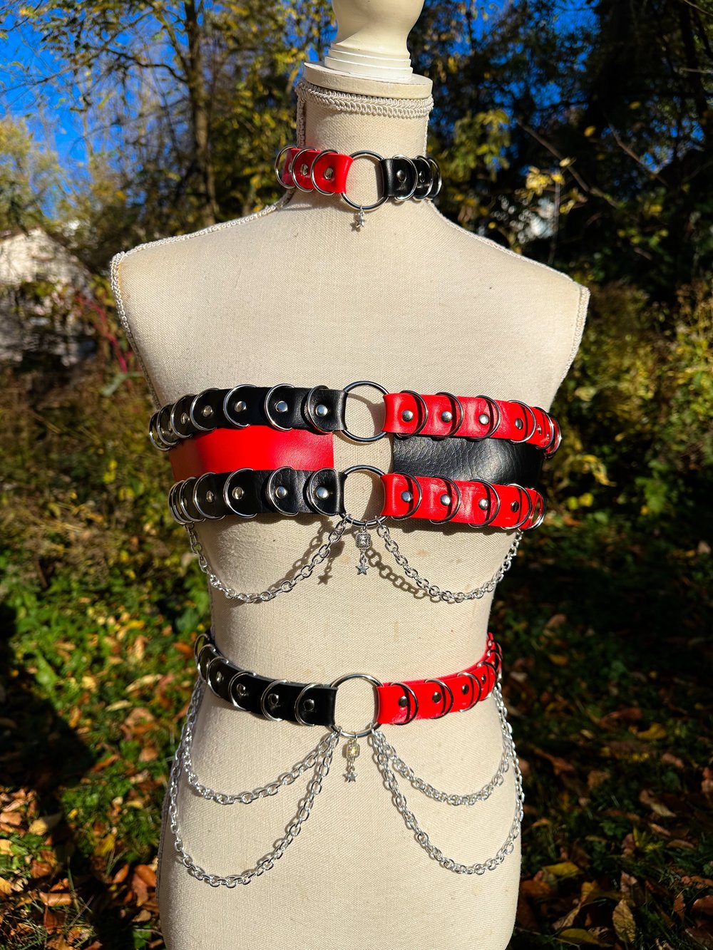 Black/Red Leather Harness Set