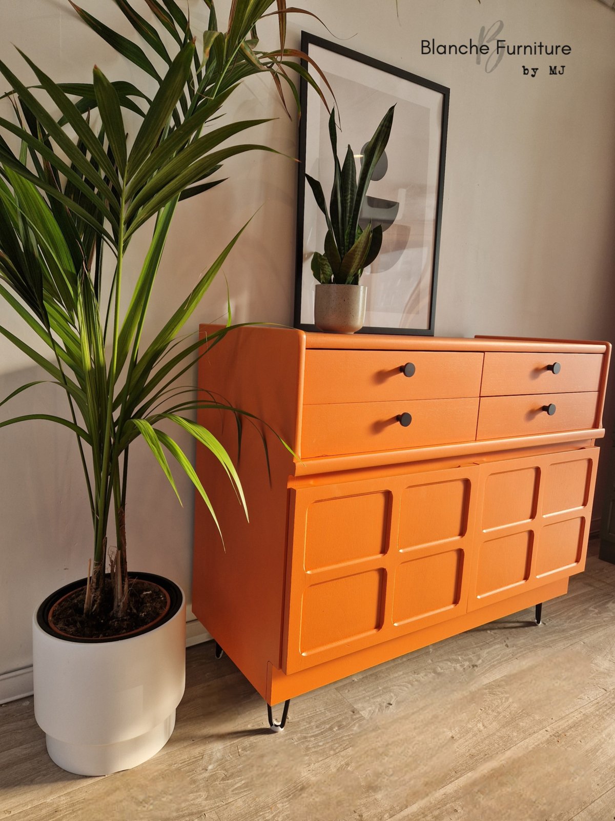 Image of Gorgeous Nathan Sideboard in a Vibrant Orange on Black Hairpin legs with Matching handles 