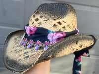 Image 2 of 2 Tone Briwn/Black Cowboy Hat Red Floral Band Crystal and Steer Head