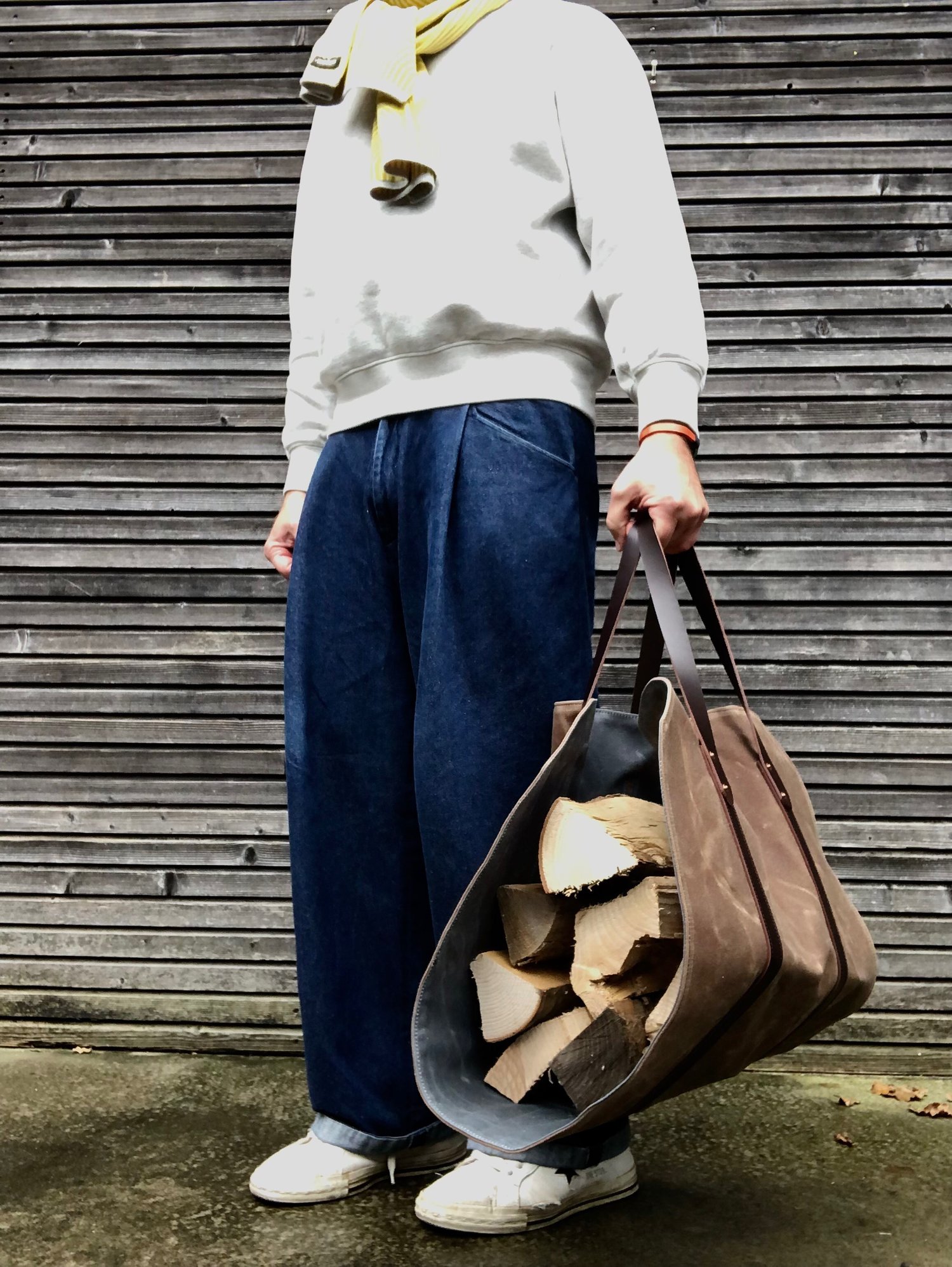 Image of Firewood carrier, log carrier, wood holder made in waxed canvas