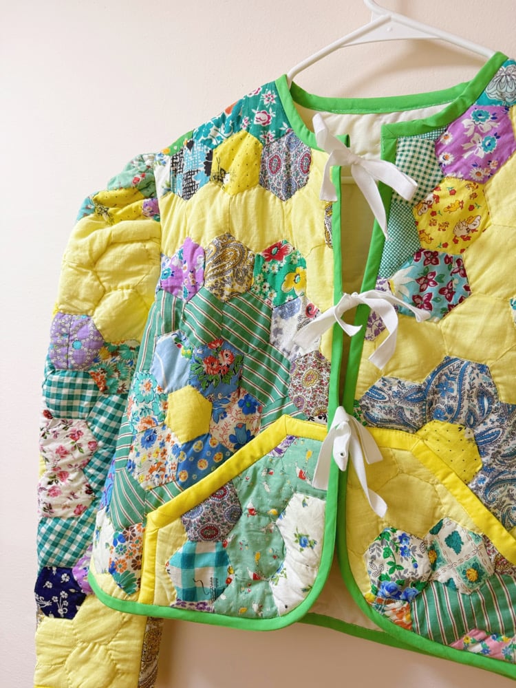 Image of Princess Puff Sleeve Quilt Coat — Grandmothers Flower Garden