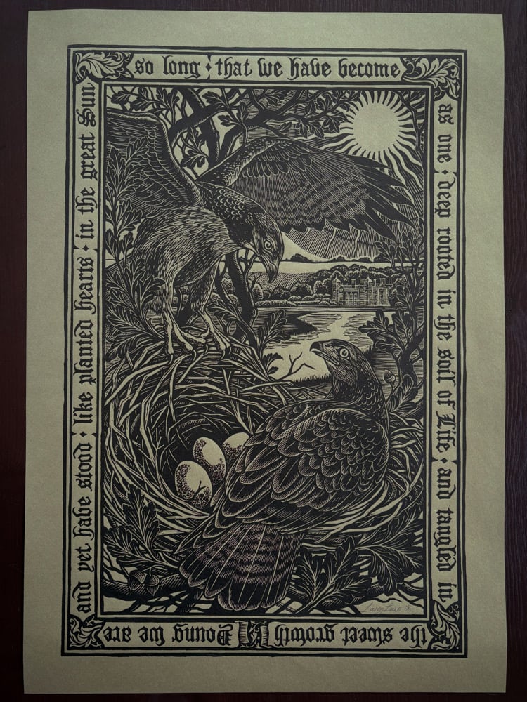 Image of ‘Blickling Buzzards’ Original Woodcut Print - Black on Sand