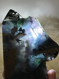 Image 8 of Blue, Green, Purple Fluorite With Pyrite Inclusions Polished Tower #2829