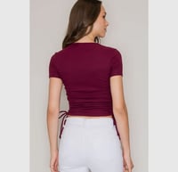 Image 2 of Ruched Side Tie Crew Neck Short SleeveKnit Top