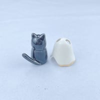 Image 5 of glow in dark Black kitten with ghost mask ceramic figurine