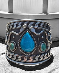Image 1 of Ride the Sky Sterling Silver Morenci Turquoise and Curb Chain Snake Cuff 6.5-7”