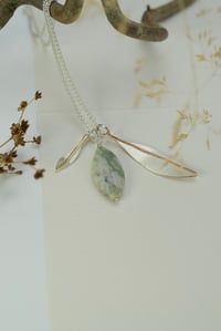 Image 3 of Moss agate and recycled sterling silver olive leaves necklace.  Olivo collection.