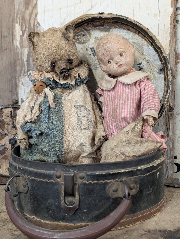 Image of  9" -Vintage Old Primitive Teddy Bear in romper  by Whendi's Bears