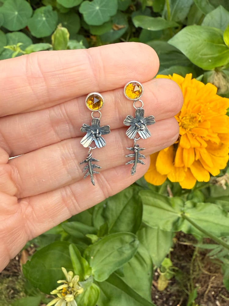 Image of Signet Marigold Flowers Leaves Citrine Stud Earrings