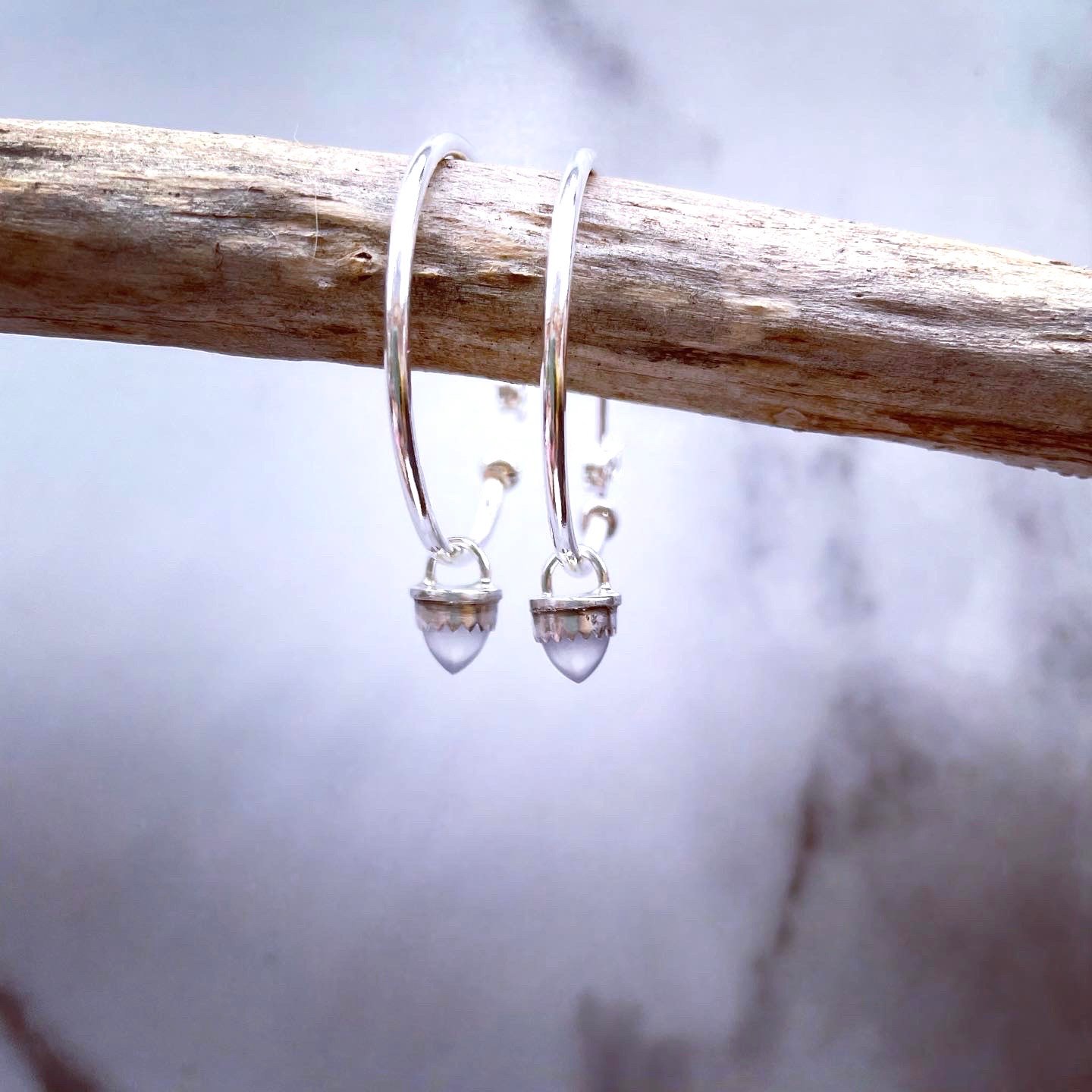 Image of Handmade Blue Chalcedony Bullet Sterling Silver Hoop Earrings 925