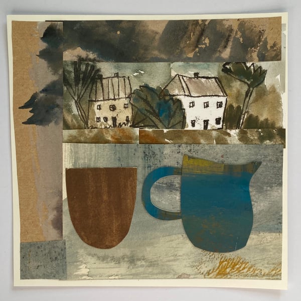 Image of Cottage landscape with teal jug - mixed media collage