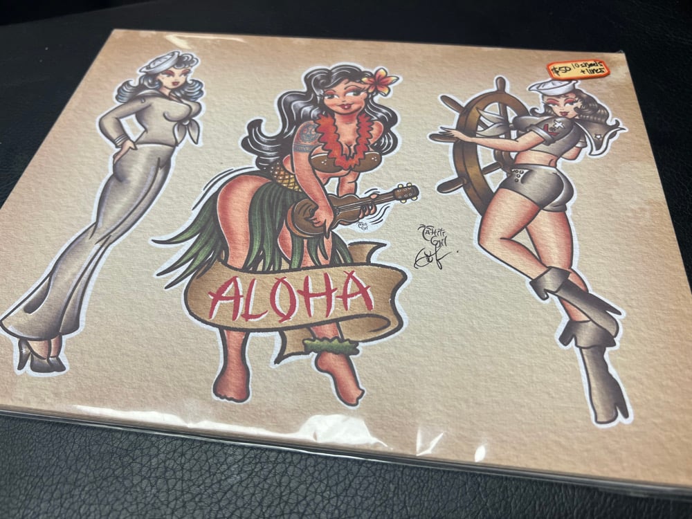 Image of 8”x10” Pin Up Travel Tattoo Flash 01 Std Cardstock 10 Sheet Set w/ Lines