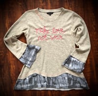Image 1 of Upcycled “Make Love, Not War” hand embroidered sweater 
