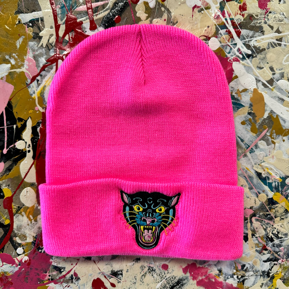 Neon pink panther beanie