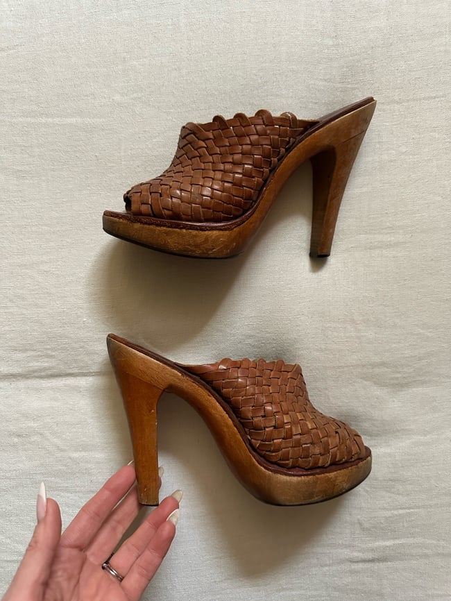 70s wood and leather basketweave mule platforms 