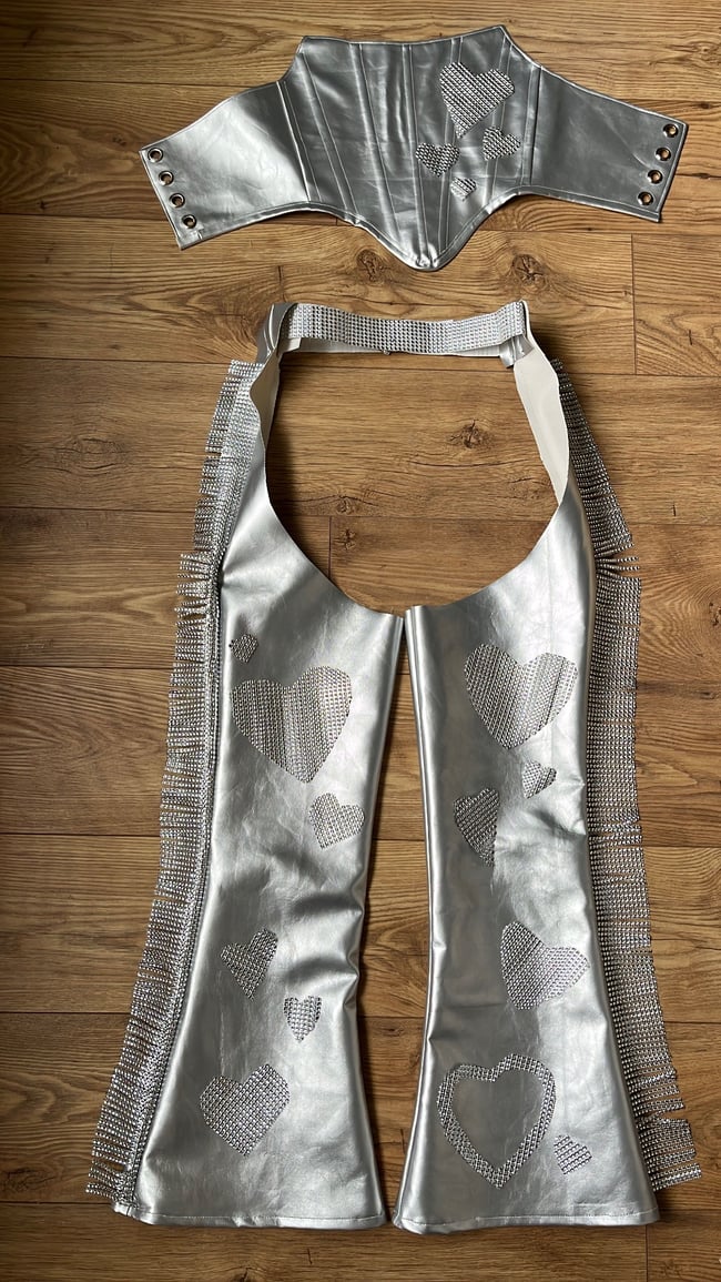 faux Leather heart embellished rhinestone trim chaps