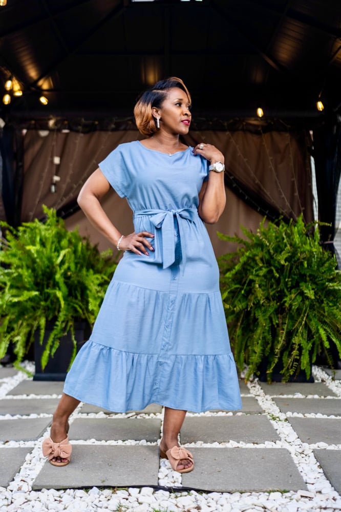 Image of Tiered Dress w/Front Buttons & Waist Tie