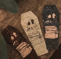 Image 1 of Coffin shaped laminated bookmark//skull//books//cobwebs//roses