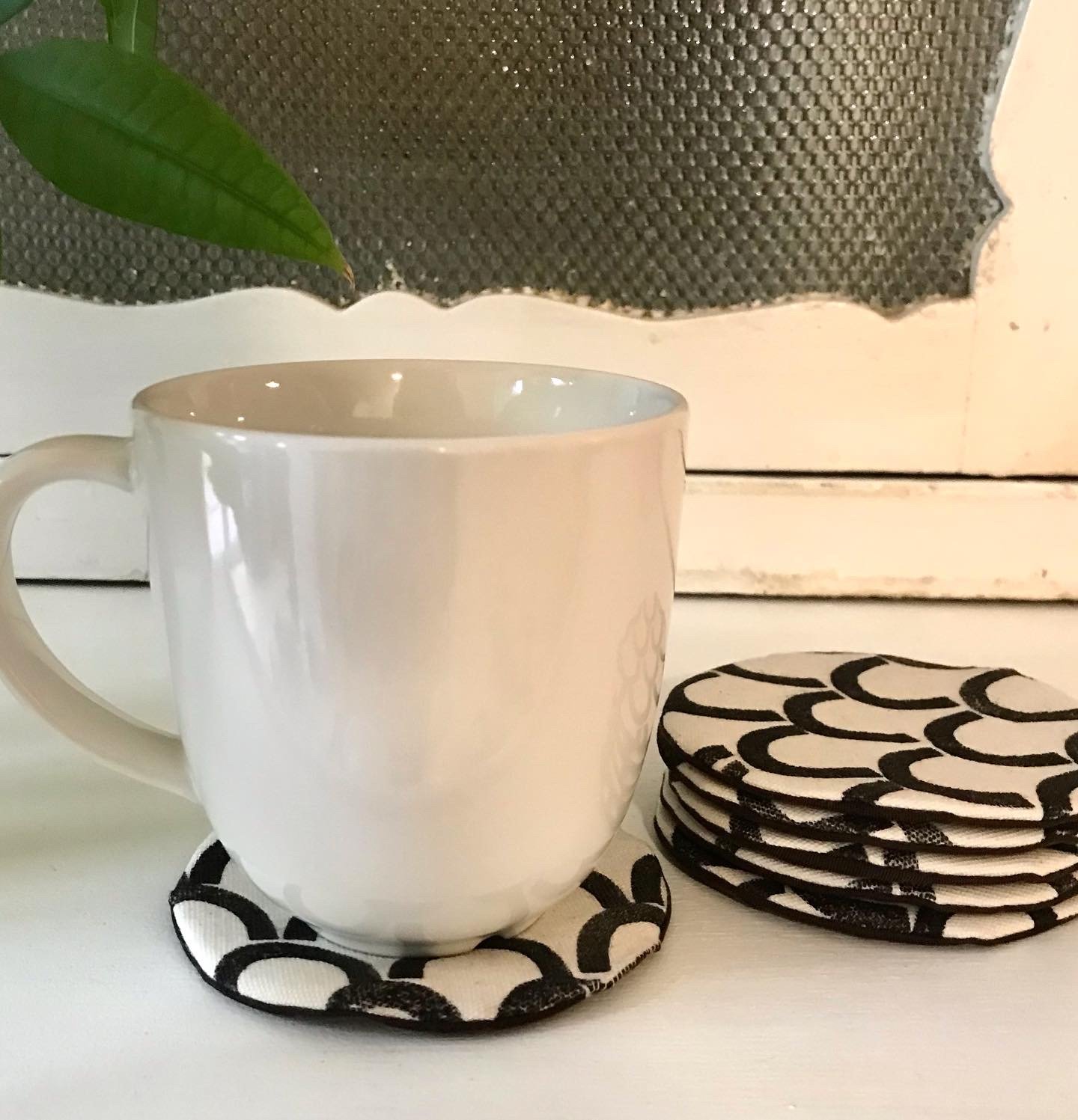 Image of Handprinted Set of 6 Coasters (Black and White semicircle). Collection 2.
