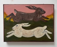 Boxing Hares on clay pink and olive green