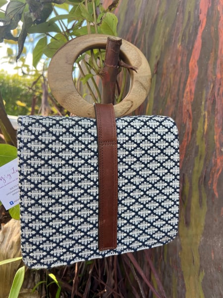 Image of Navy blue Cotton and leather handbag 