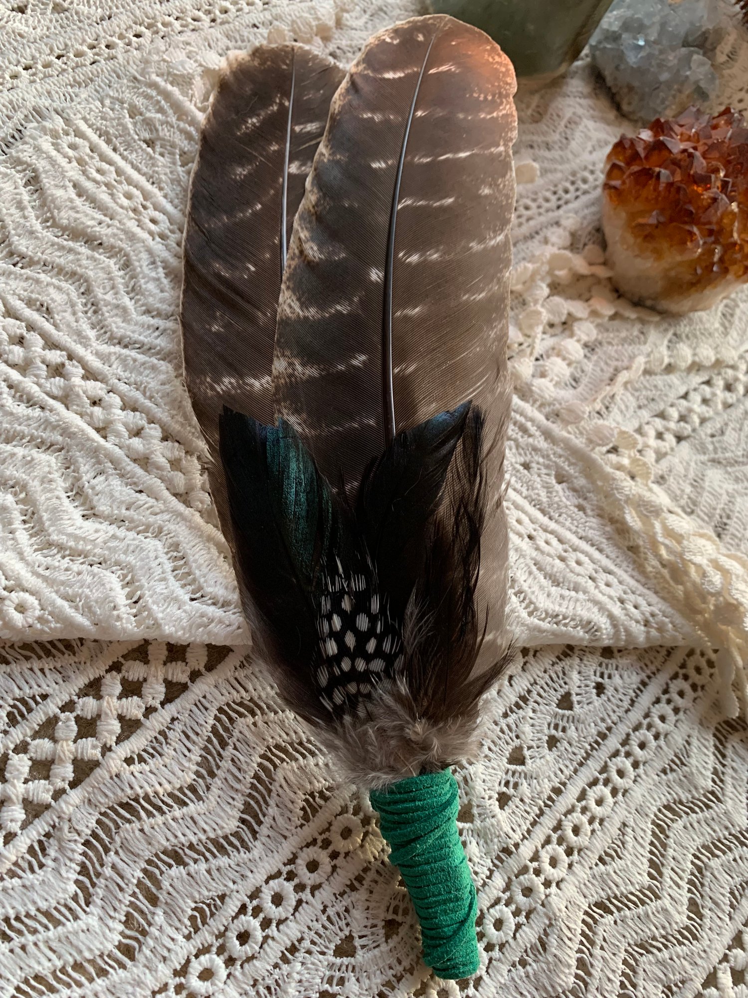 Image of Emerald earth gems ~Smudge feather large Free US shipping 