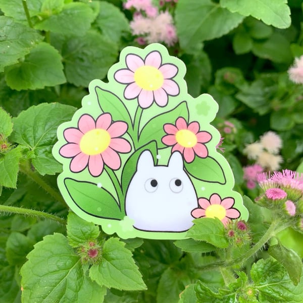 Image of MATTE Mini White Totoro & Pink Asters STICKER