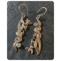 Image 1 of Victorian Floral Spray Honey Bee and Welo Opal Solid Brass Earrings