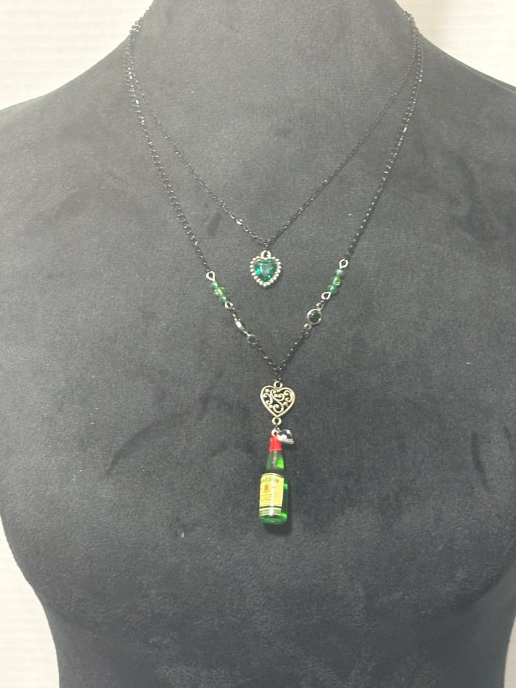 Image of Green Heart and Jameson whiskey Bottle and hearts Charm Necklace 
