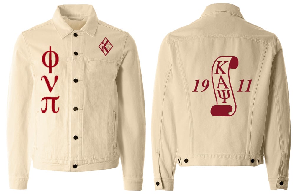 Image of Cream/Crimson Jean Jacket PHI NU PI LETTERS front KAPSI SCROLL BACK 