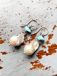 Image 2 of large baroque pearl and Golden Hills turquoise earrings