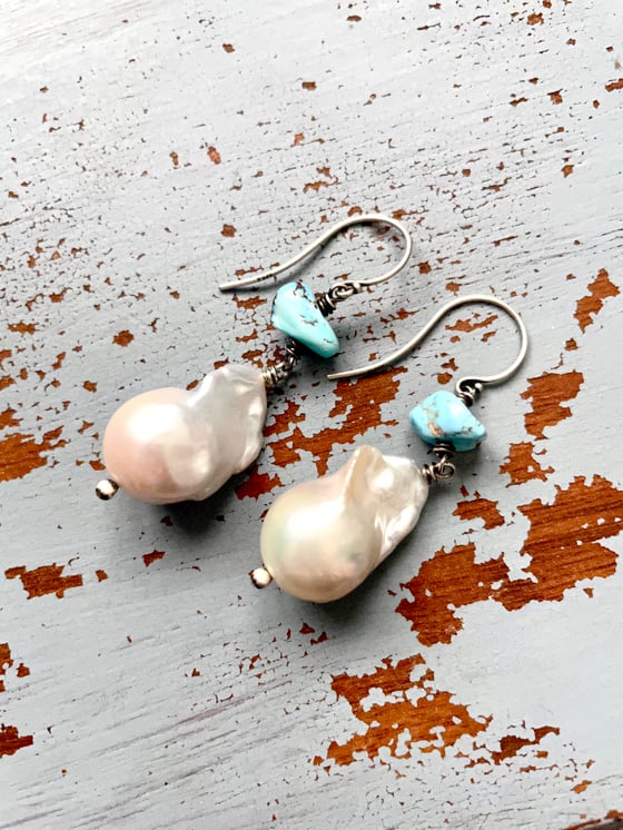 Image of large baroque pearl and Golden Hills turquoise earrings