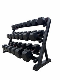 Image 3 of New pair of 10,15,20,25,30,35,40,45,50,60,70lb rubber dumbbells with rack. 