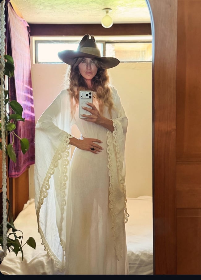 late 60s white gauze maxi dress with massive angel sleeves and crochet 