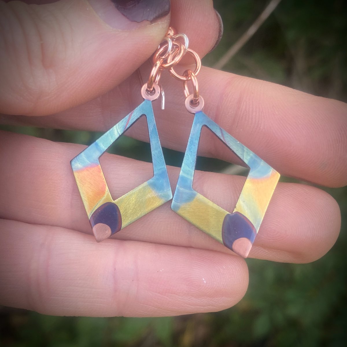 Flame Painted Copper Diamond Earrings