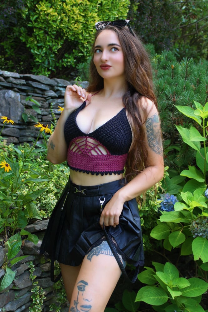 Image of Black and burgundy spiderweb crochet top 