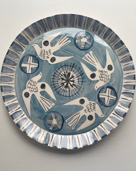Image of Grey blue handbuilt and hand decorated earthenware plate 