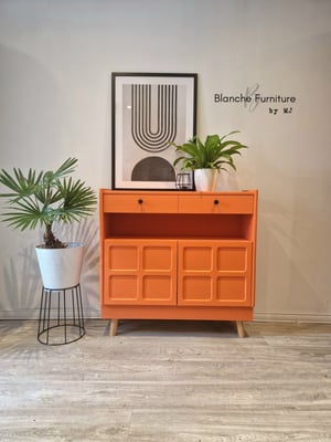 Image of Slim / Narrow hallway Sideboard in Tuscan Orange with black knobs.