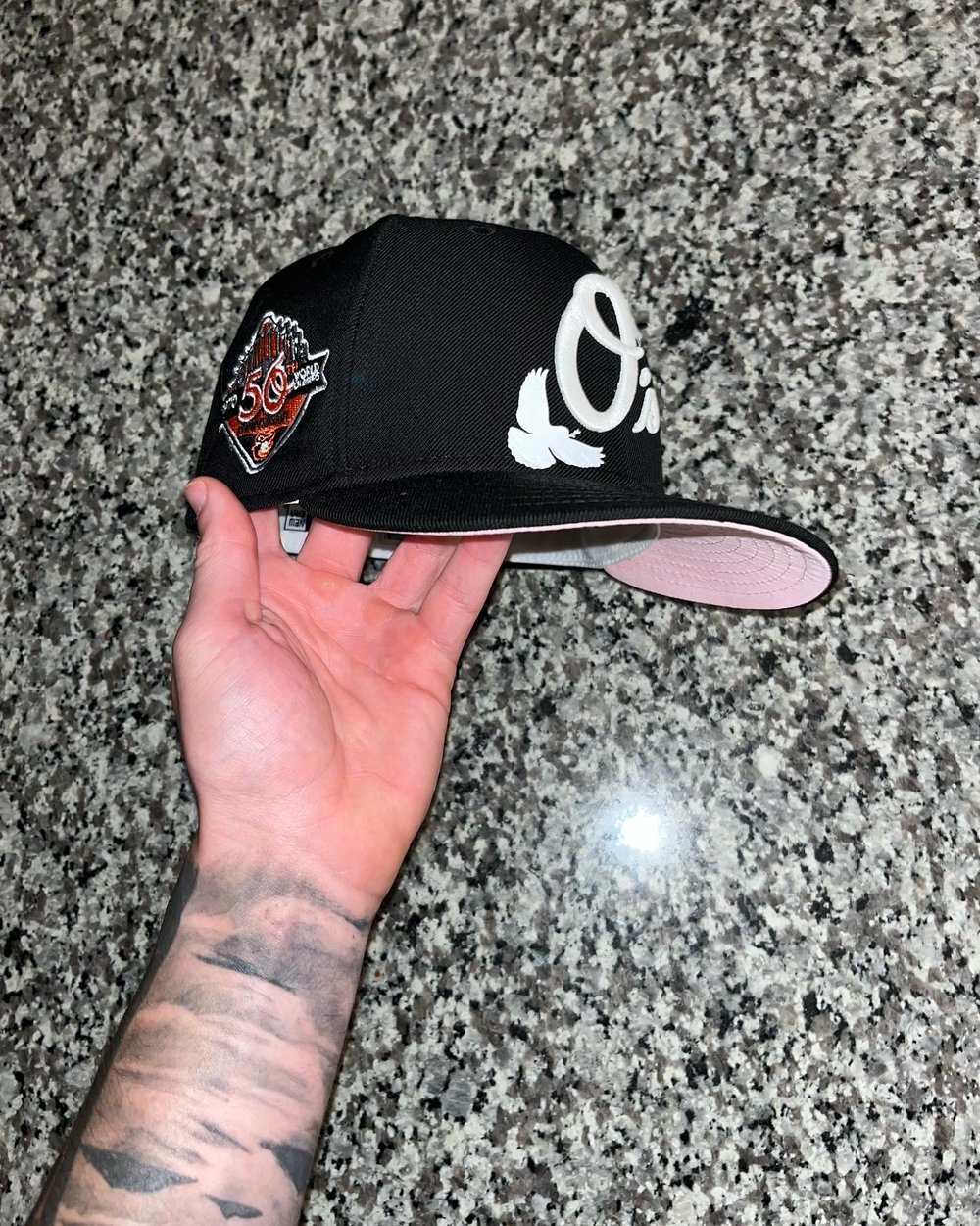 Image of  PINK BRIM BLACK BALTIMORE ORIOLES CUSTOM FITTED