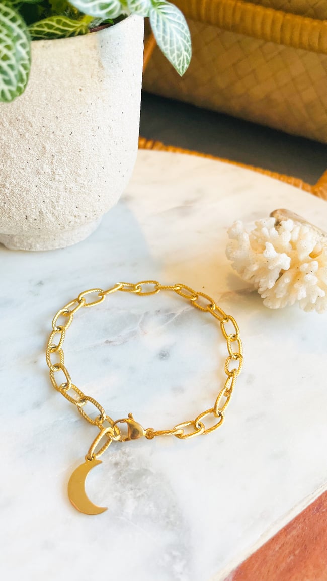 BRUNE | Bracelet chaîne trombone striée acier inoxydable pendentif