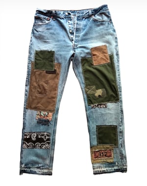 Image of Nwn- true Vintage 6 button fly Levi textile rework in army surplus theme