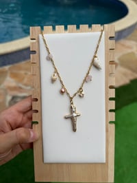 Image 4 of Baroque Pearl Cross Pink Charm Necklace
