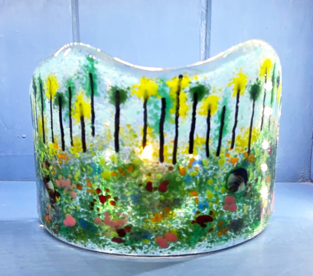Image of Fused Glass Forest and Meadow Candle Curve 