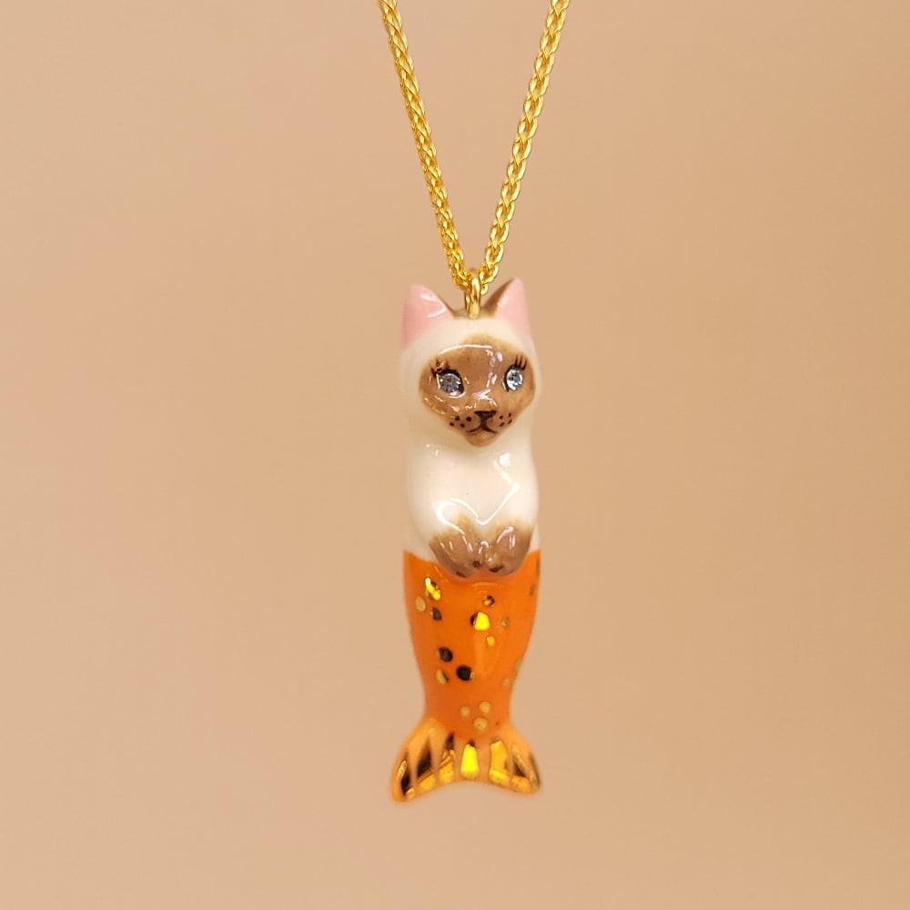 Image of Siamese Porcelain & Gold Vermeil Purrmaid Pendant